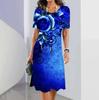 Fashion Womens Loose Bramble Rose Print O Neck Short Sleeve Leaves Print Loose Streetwear A-line Dress