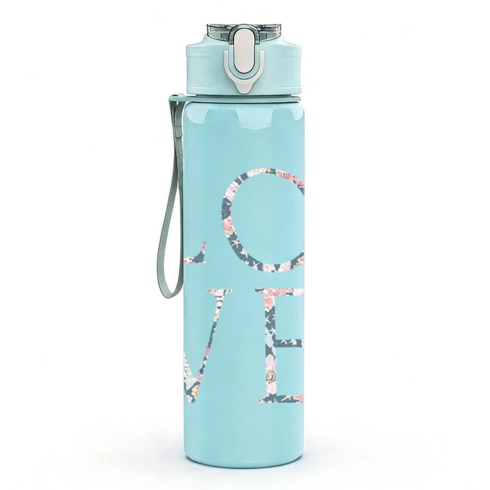 1PC LOVE red cursive text print 750ml colorful plastic sports water bottle leakproof pop up lid with straw for outdoor work home use