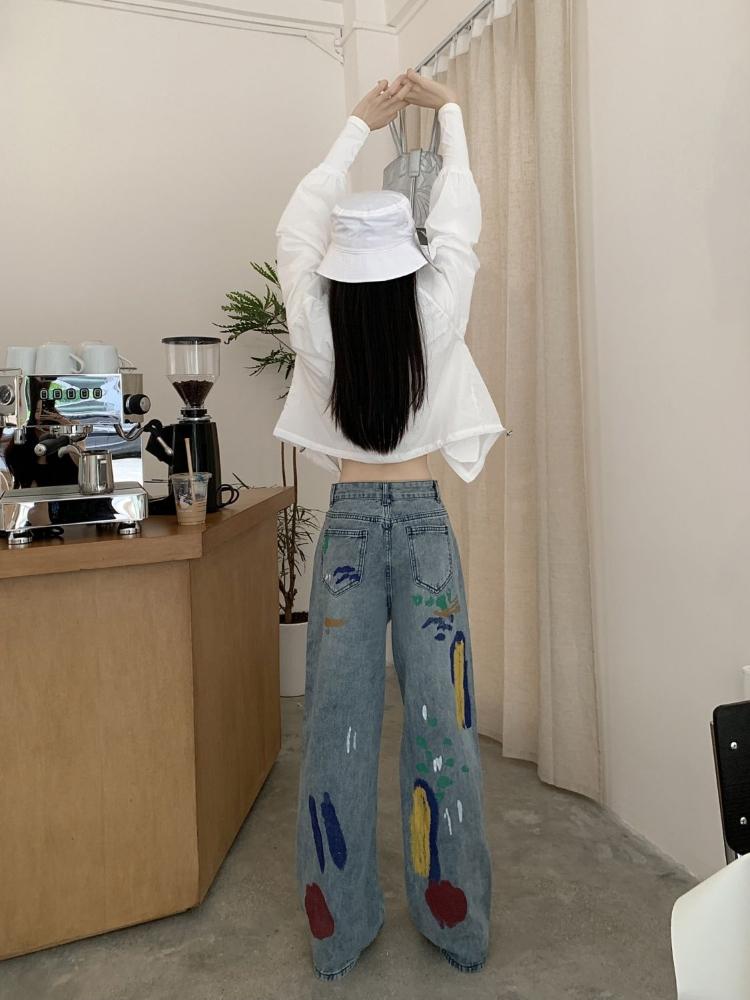 High Street Vintage Color Print Loose Jeans Women 2000s Y2k Straight Casual Wide Leg Pants Ladies Fashion Design Retro Baggy Trousers