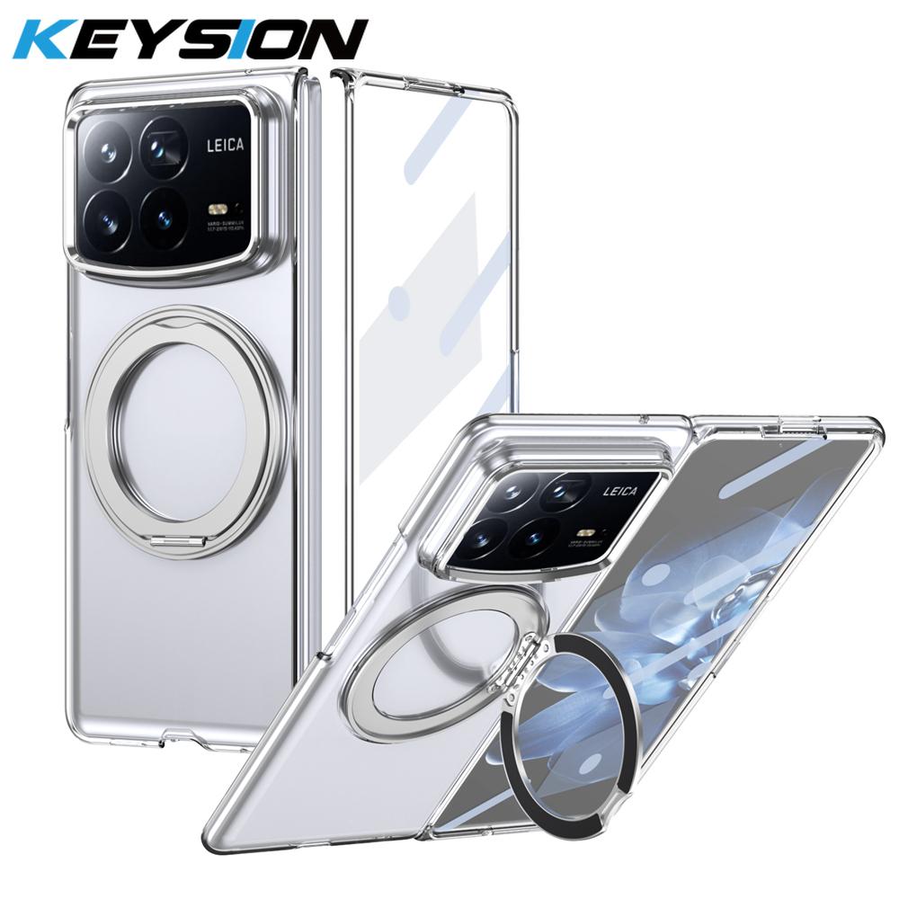 KEYSION Чехол-подставка с магнитным кольцом, вращающимся на 360°, для Xiaomi MIX Fold 4, прозрачная жесткая ПК-накладка для телефона со стеклянной защитной пленкой для экрана