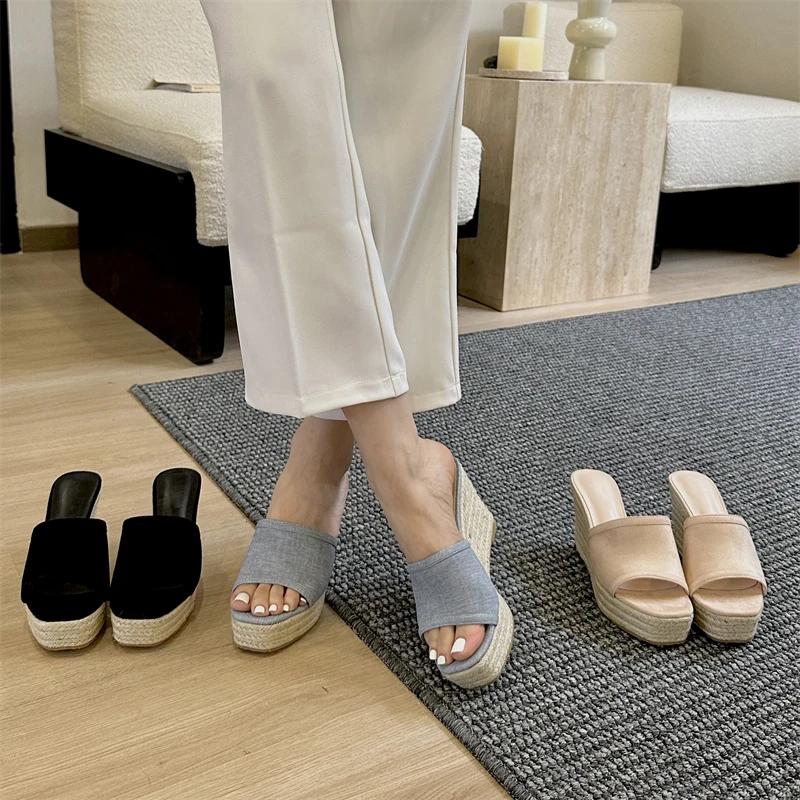 Fashion Eilyken Summer Open Toe Slippers Women Fashion Solid Platform Wedges Rattan Weave High Heels Concise Shoes