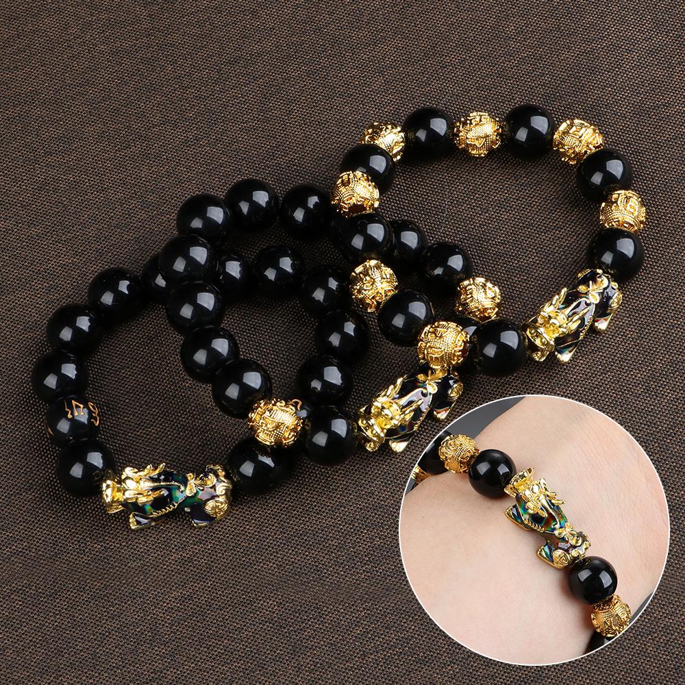 Черная цепь позолоченный температурный талисман с подвеской PiXiu бисер браслет на удачу браслет