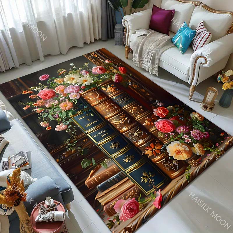 Multi Size Vintage Book Flowers Carpet for Living Room Bedroom Bedside Floor Mat Sofa Table Area Rugs Home Decor Luxury Gift