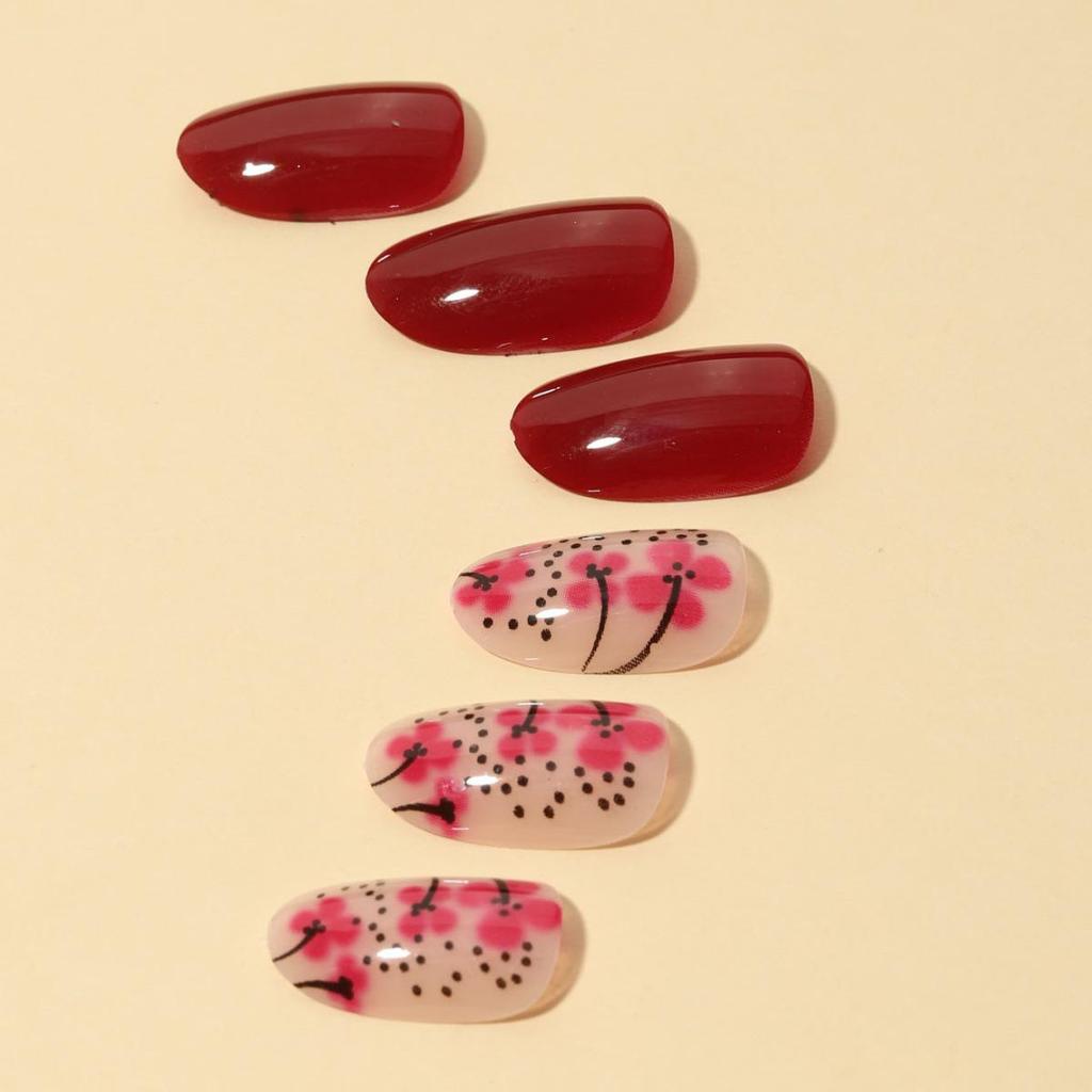 Носимые французские накладные ногти 'Цветущая сакура' - Съемные неровные патчи для нейл-арта