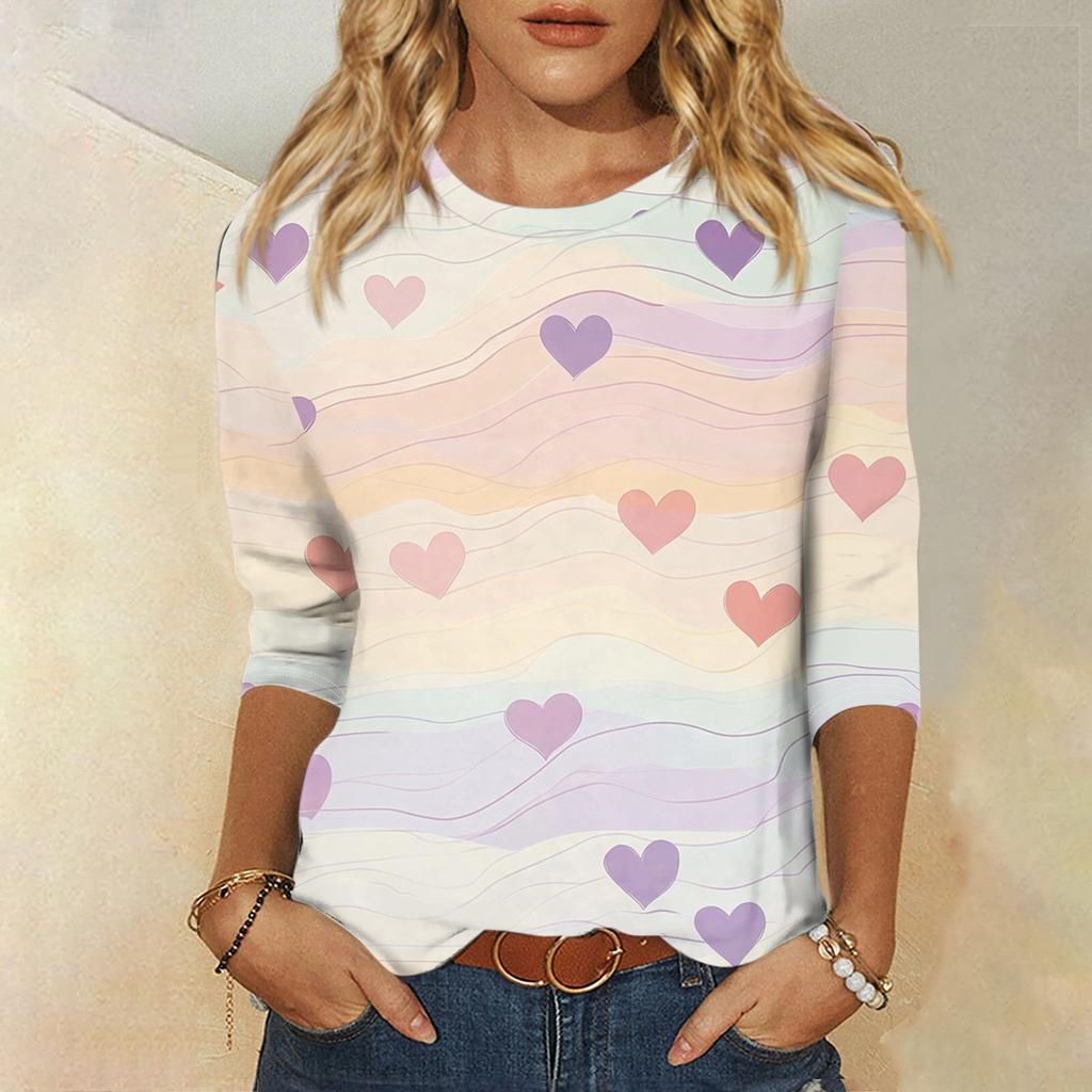 Женская мода, повседневная свободная футболка с принтом на День святого Валентина и круглым вырезом, рукав 3/4, женский топ