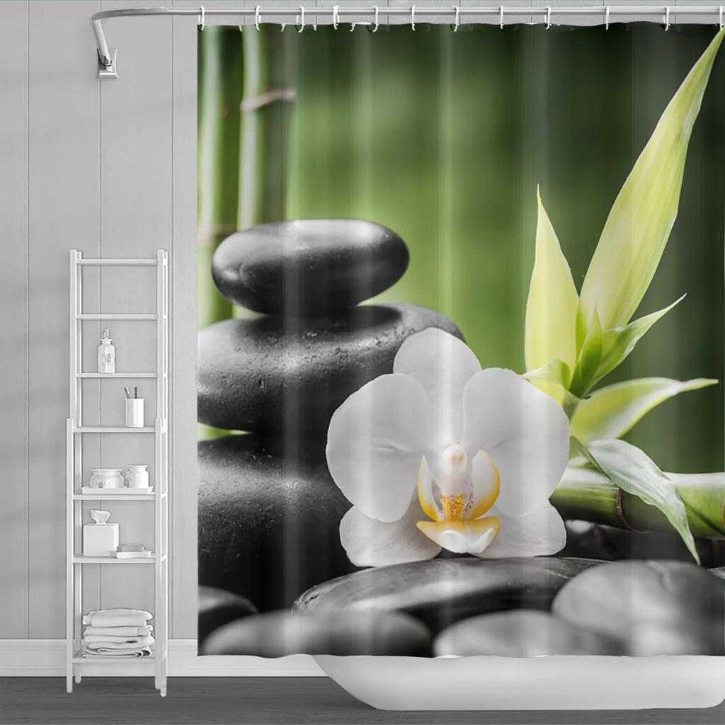 Spa Buddha Water Yoga Shower Curtain Rural Landscape Creek Stone Lotus Buddha Waterproof Polyester Bathroom Curtain With Hooks