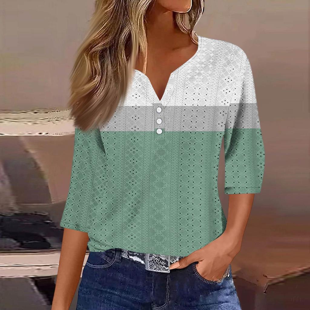 Женская модная футболка с V-образным вырезом, пуговицами, рукавами семь, повседневная полосатая клетчатая футболка с принтом