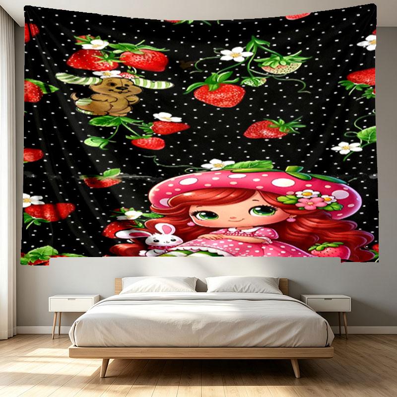 Strawberry Shortcake Print Tapestry - Portable Wall Decor Cloth, for Home, Dorm, Travel, Bedroom, Living Room - Ideal Birthday Housewarming Gift