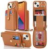 For iPhone 14/13 Case with Zipper Pouch/Ring Kickstand/Strap Litchi Texture PU+TPU Phone Cover