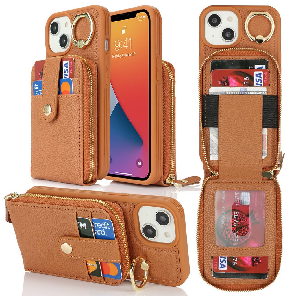 For iPhone 14/13 Case with Zipper Pouch/Ring Kickstand/Strap Litchi Texture PU+TPU Phone Cover