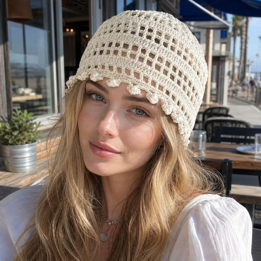Handmade Hollow Beanie Pearl Tassel Pullover Hat Bohemian Style Crochet Hat Women
