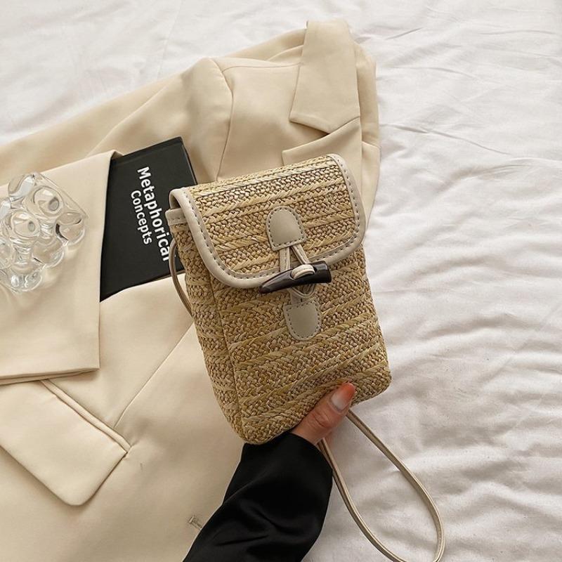 Seaside Holiday Woven Mobile Phone Bag Horn Button Crossbody Shoulder Bag Western Style Mobile Phone Bag