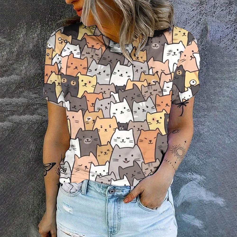 Футболка с круглым вырезом и принтом мультяшного кота, летняя, повседневная, дышащая, свободная, уличная, простая, женская футболка, топ
