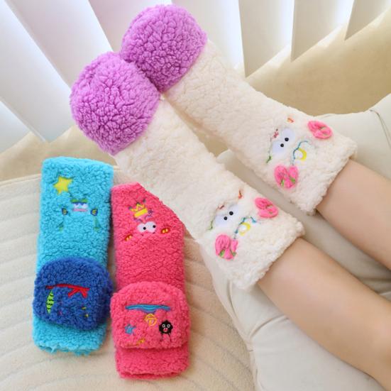1 Pair Women Plush Fleece Socks Ultra Warm 3D Cartoon Embroidered Socks Elastic Fit Soft Thick Cozy Thermal Socks