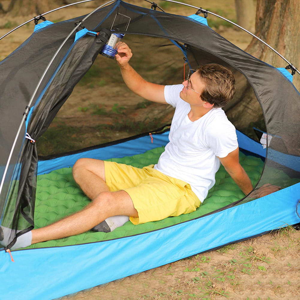 Foldable double inflatable mattress, tourist sleeping mat with pillow