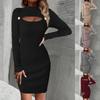 Women's Autumn And Winter Sexy Solid Color Long Sleeve Tight Button Hollow Pullover Knit Sweater Dress