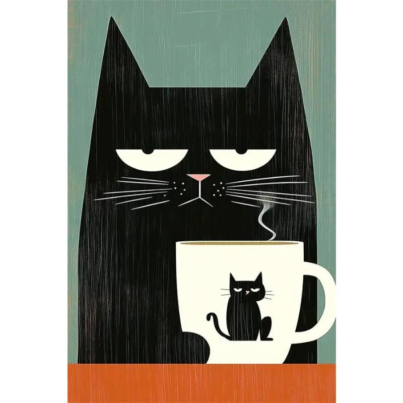 Whimsical Black Cat Drink Coffee Poster For Bedroom Nursery Cartoon Animal Canvas Painting Cute Cat Illustration Print Wall Art