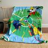 Three abstract figures on a soccer field surround the ball with colorful confetti. for all seasons blanket lunch break throw gift