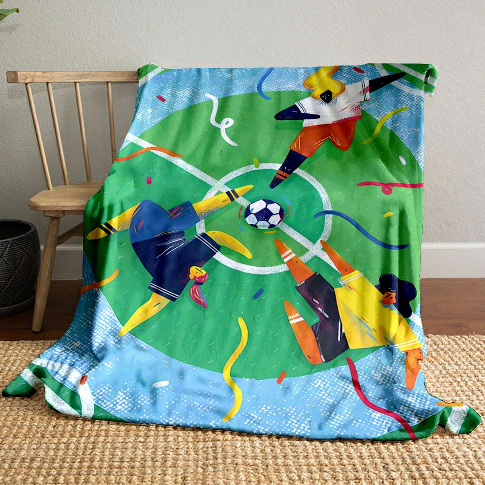 Three abstract figures on a soccer field surround the ball with colorful confetti. for all seasons blanket lunch break throw gift