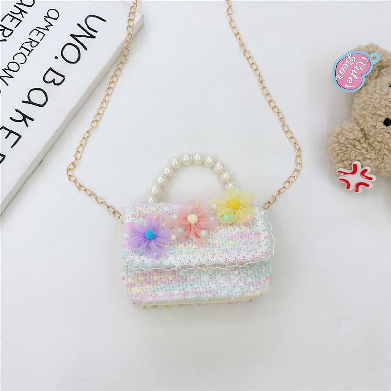 Stylish Children's Pearl Handbag Cute Floral Design Small Square Bag For Girls