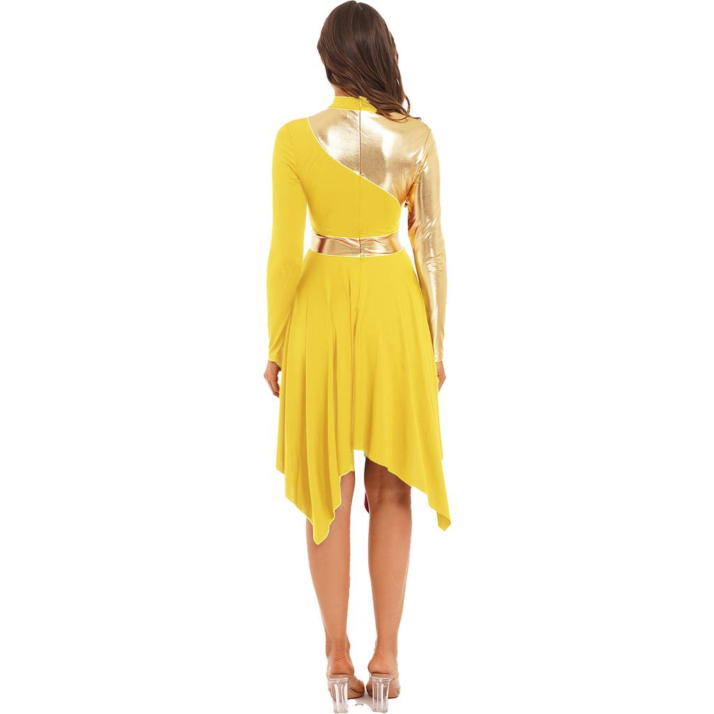 Womens Contrast Color Patchwork Dance Performance Costume Long Sleeve Asymmetrical Hem Dress