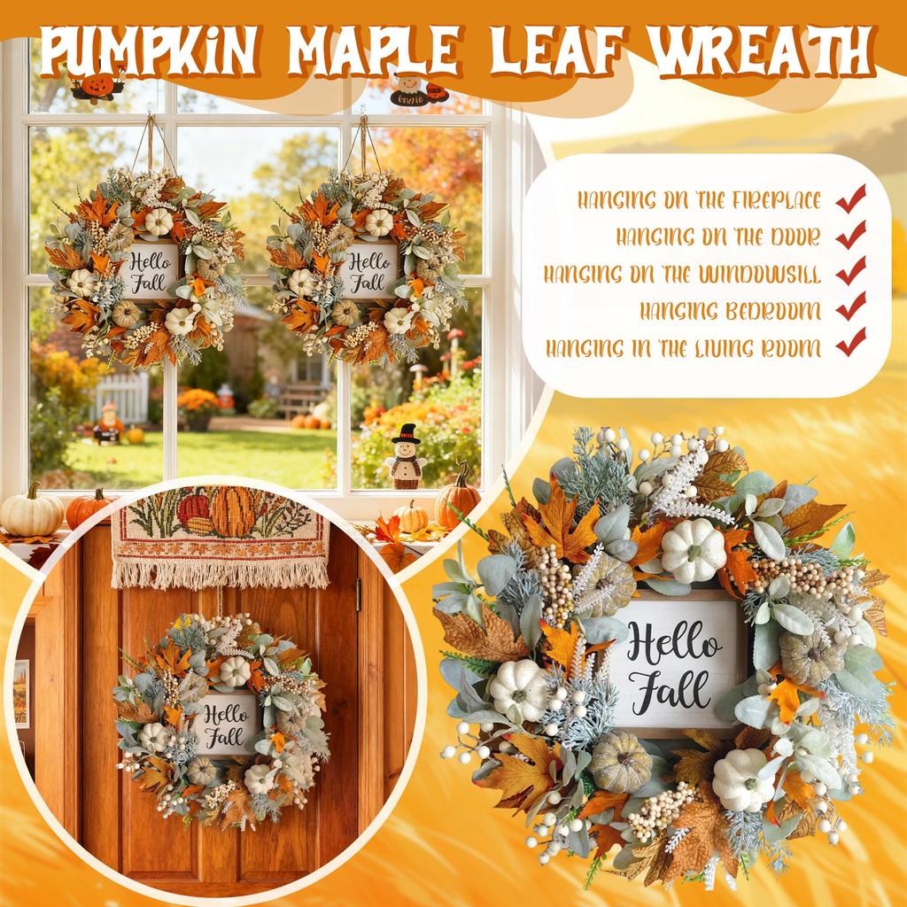 Pumpkin Maple Leaf Wreath With Berry Wood Sign Front Door Autumns Door Hanging Decoration Thanksgiving Harvests Festival