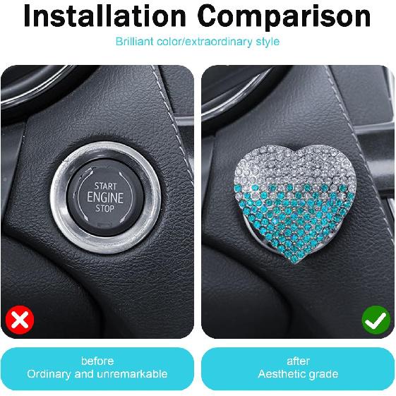 Heart Push Start Button Cover, Bling Rhinestone Flip Open Design Start Stop Ring Cap, Fashionable Sparkly Car Ignition Button Protector for Women &