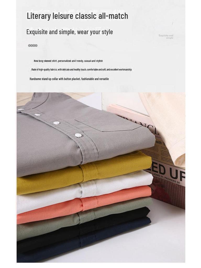 Мужская рубашка из хлопка и льна с длинным рукавом, китайским воротником-стойкой и карманом - простая, удобная повседневная куртка