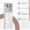 56 x 25.6 x 167 cm Bathroom Cabinet, lacquered, three drawers + open shelves + storage, adjustable shelves, black handles, cabinet legs, white.