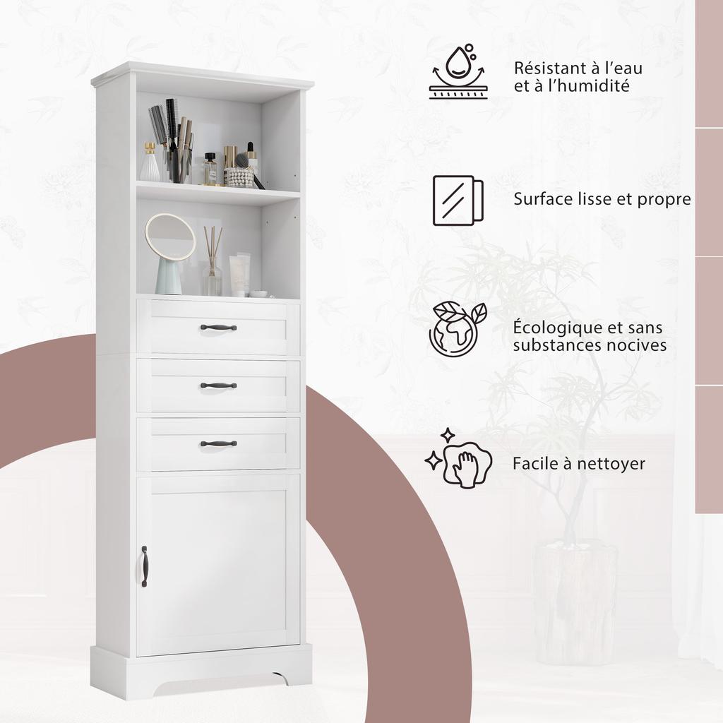 56 x 25.6 x 167 cm Bathroom Cabinet, lacquered, three drawers + open shelves + storage, adjustable shelves, black handles, cabinet legs, white.