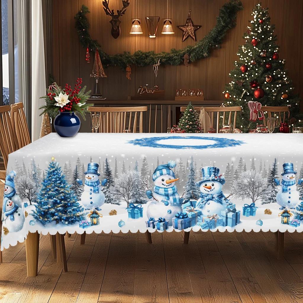Vintage Country Farmhouse Christmas Tablecloth with Santa Claus Snowman and Wreath Holiday Print