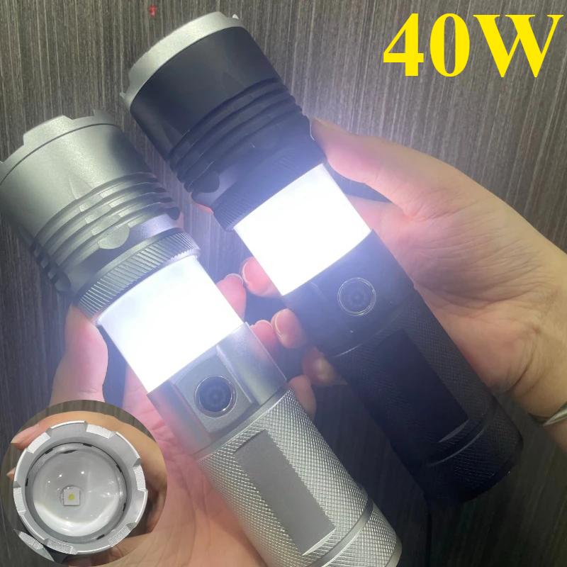 40W LED Powerful Flashlight Telescopic Zoom Type-C Charging Portable Endurance Torch for Home Outdoor Camping Lamp