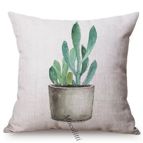 Greens Succulents Cactus Thorns Small Bonsai Design Sofa Decoration Cushion Cover Cotton Linen Office Throw Pillow Case