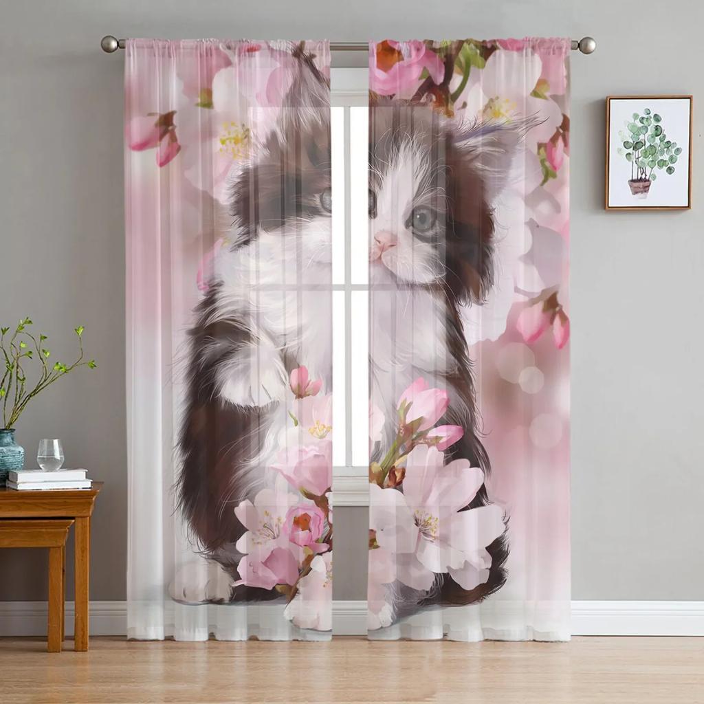 Cartoon Bookshelf Sleeping Cat Tulle Sheer Curtains for Living Room Decoration Window Curtain for Bedroom Voile Organza Drapes