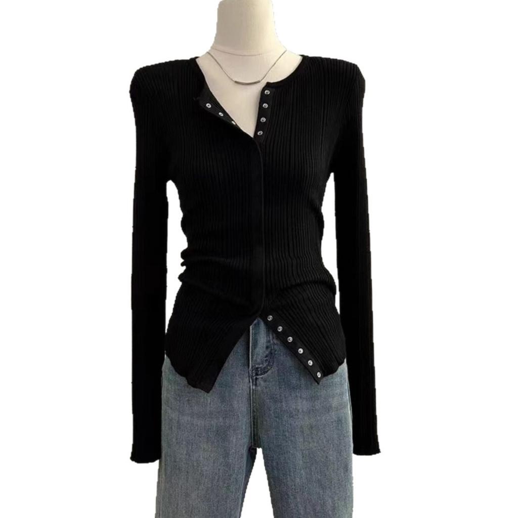 Женская трикотажная футболка с полуоткрытым вырезом и длинным рукавом, осень, новая мода, зарубежный стиль, приталенная, универсальная