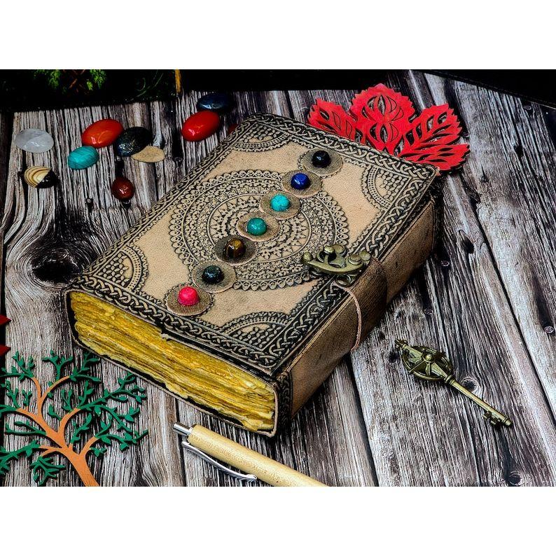 Blank Spell Book of Shadows Journal with Lock Clasp Handmade Leather Seven Stone Diary Seven Chakra Prayer Pagan Book