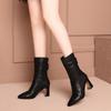 2025 Women Soft Leather Mid Calf Boots,Fashion High Heels Shoes,Pointed Toe Short Botas,Back Zip,Black,Red,Dropship