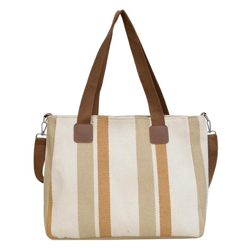 Big Bag Women's New Fashion Striped Canvas Versatile for Commuting Hand-held Tote Bag Trendy Single Shoulder Crossbody Mommy Bag