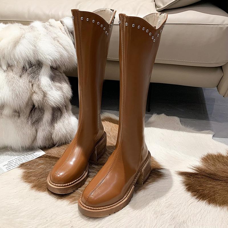 Флисовые ботинки женские 2024 зима новые высокие ботфорты на толстом каблуке ретро ботинки до колена женские ботинки