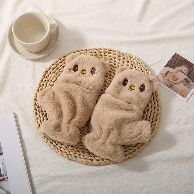 Cute Bear Gloves Women's Autumn and Winter Fleece Thickened Casual Windproof Cute Warm Plush Full Finger Neck