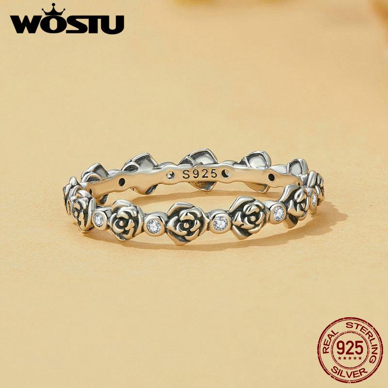 WOSTU Элегантные кольца из стерлингового серебра 925 пробы с розовым цветком для женщин, блестящее кольцо с цирконом, специальное ювелирное изделие, подарок для нее