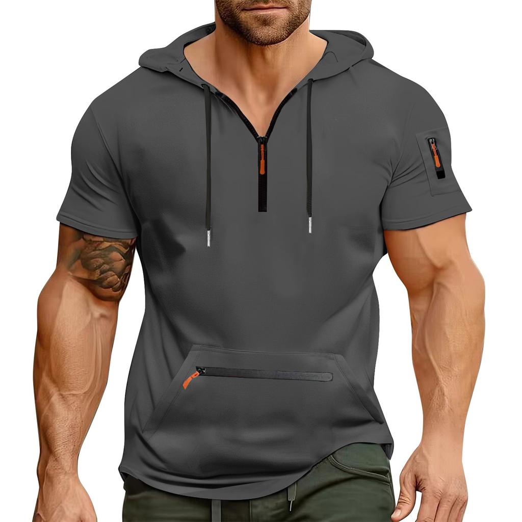 Men's Summer Shirt Zipper Pocket Short Sleeve Hooded Sweatshirt Men's Sports Large Size Casual Sweatshirt
