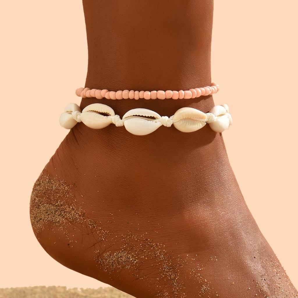 Anklet Beaded Shell Bohemian Set Handmade Twopiece Knotted Style
