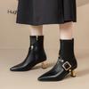 Fashion Elegant Gold Buckle Studs Ankle Boots Woman Brand Design Rivets Pointed Toe Thin Heel Booties Ladies Black Stretch Botas Shoes