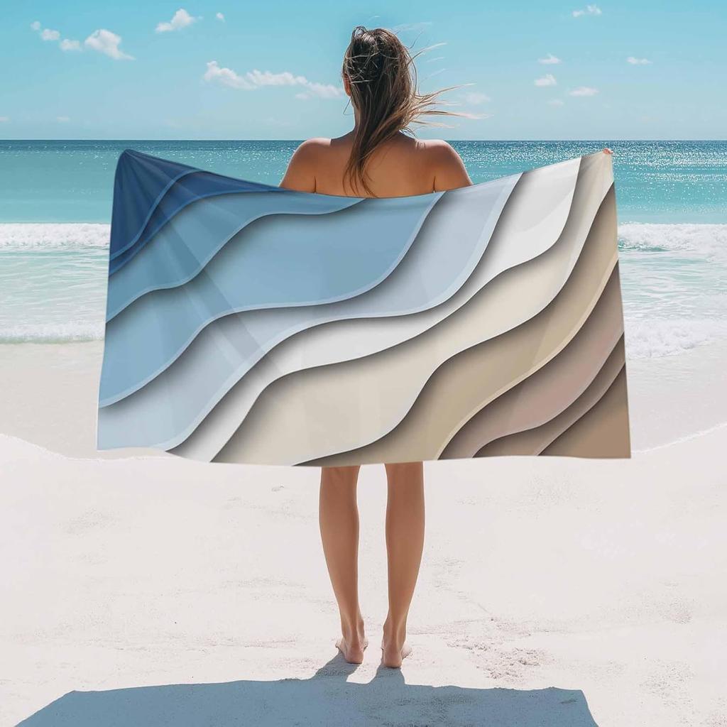 Beach Towel Blue Brown Modern Geometric Bath Pool Towels Ombre Blue Abstract Soft Absorbent Beach Towels Large Quick Dry