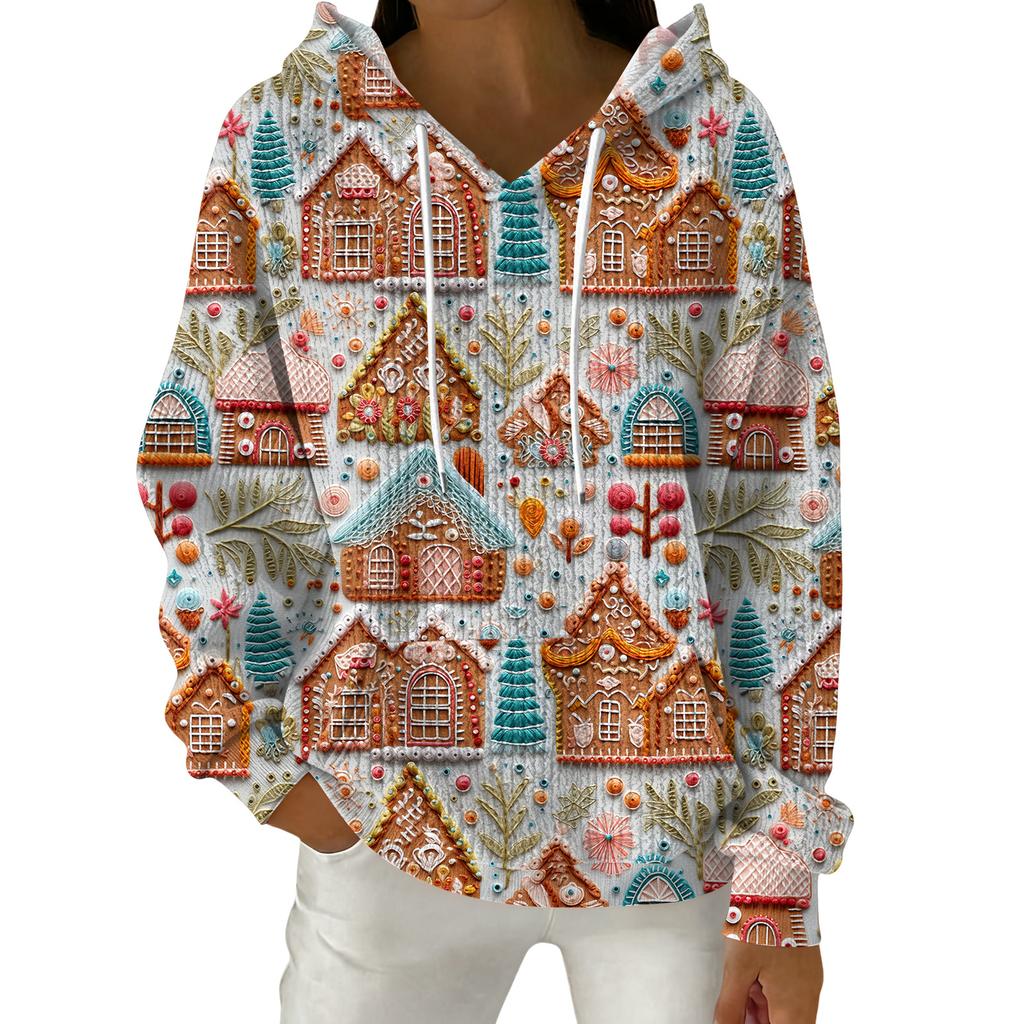 Женский модный повседневный пуловер с рождественским принтом, толстовка с капюшоном и длинными рукавами