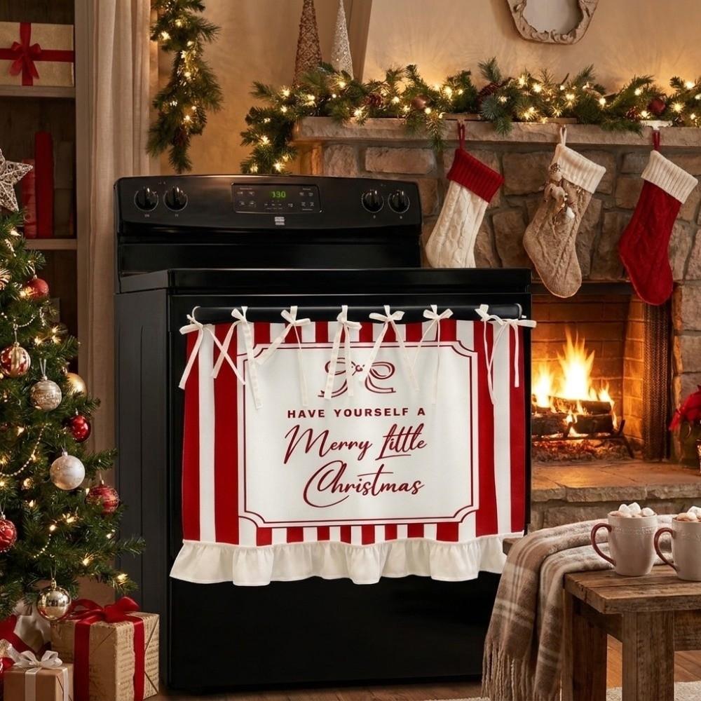Ribbon Ties Xmas Oven Decor Curtain Printed Pattern Kitchen Decor Protective Curtain Home Party