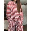 Женский однотонный простой пижамный комплект в полоску, брюки с регулируемой кулиской и контрастный топ с круглым вырезом