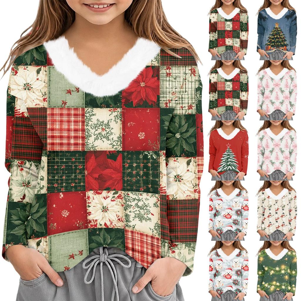 Girls' V-Neck Christmas Print Pullover Top for Winter Casual Wear