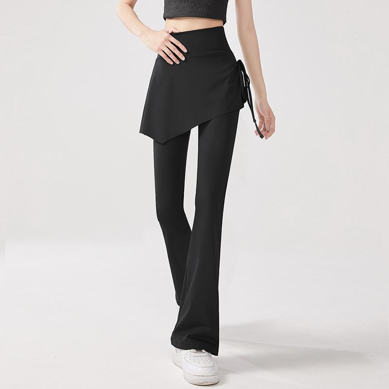 Women High Waist Fake Two Piece Flared Skirt Pants Elastic Yoga Casual Leggings
